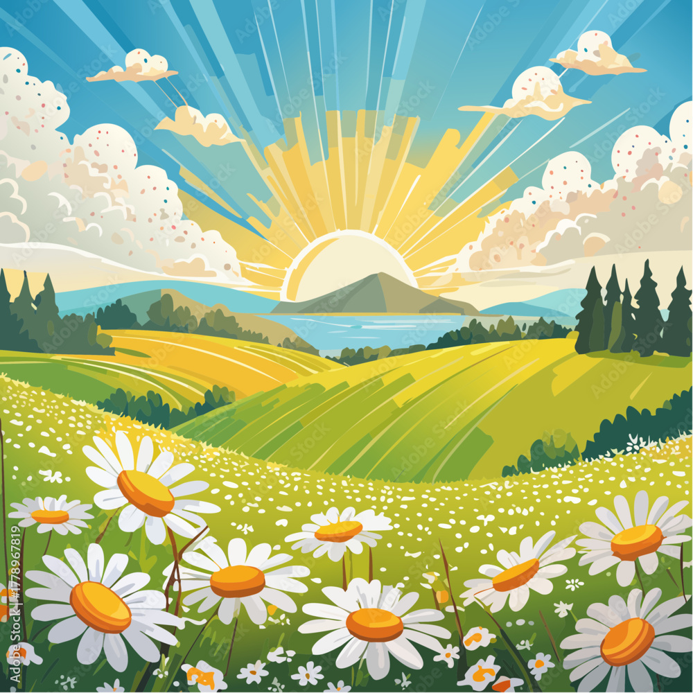 Fototapeta premium Late summer country landscape with daisies meadow and sunbeam