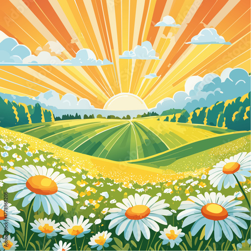 Late summer country landscape with daisies meadow and sunbeam