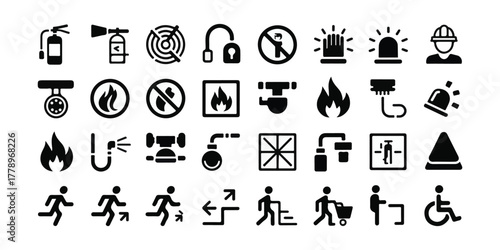High-detail black and white safety and emergency icons, minimalist geometric style, crisp lines, perfect grid, high-resolution, commercial-ready, vector, stock-friendly, ultra-clear, modern design.