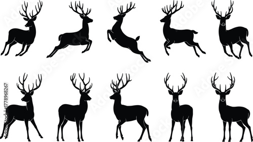 Beautiful deer silhouette collection in various standing and jumping poses, perfect for wildlife, forest animal, and nature vector illustration design.