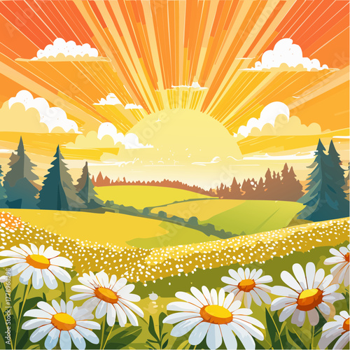 Late summer country landscape with daisies meadow and sunbeam