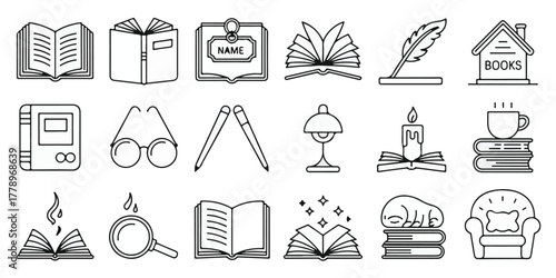 Highly detailed black & white line art of 18 book-themed icons, hand-drawn, clean minimal style, balanced rows, whimsical details.