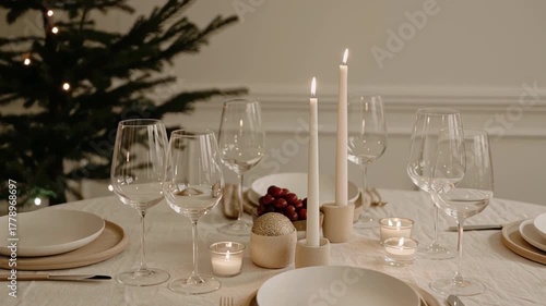 Christmas Elegant holiday dinner table setting with candles and glassware in a cozy atmosphere