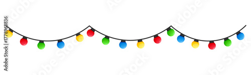 Vector image of Christmas lights. Festive decor and decoration made of colorful Christmas lights. Graphic element for your designs, Christmas cards, websites, banners, and posters.