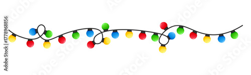 Vector image of Christmas lights. Festive decor and decoration made of colorful Christmas lights. Graphic element for your designs, Christmas cards, websites, banners, and posters.