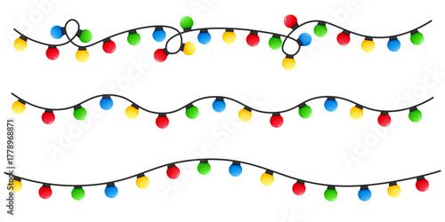 Vector image of Christmas lights. Festive decor and decoration made of colorful Christmas lights. Graphic element for your designs, Christmas cards, websites, banners, and posters.