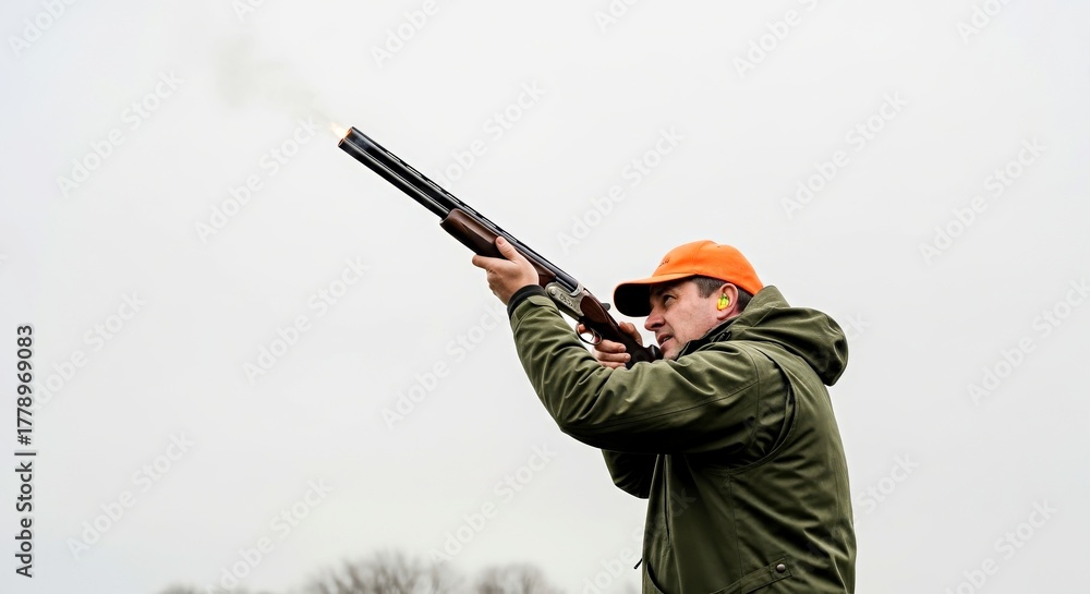 Naklejka premium Hunter aiming shotgun while shooting in overcast outdoor setting 