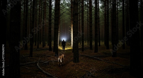 Man walking with dog in forest at night with flashlight illumination  