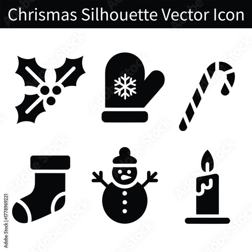 Christmas Icon Set: Festive holiday icon set perfect for any project. Featuring festive icons like a holly, glove, candy cane, sock, snowman, candle.