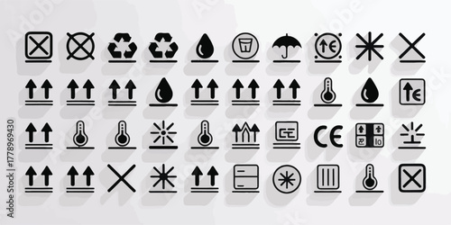 Black-and-white industrial shipping icons, 32 minimalist symbols, consistent bold lines, clean layout, vector style, commercial-ready, unique, professional, visually distinct, stock-friendly