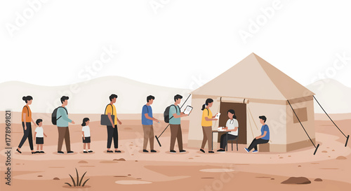 A line of people waiting outside a tent in a desert landscape with mountains in the background.