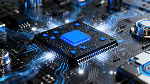 Futuristic Blue Microchip on Circuit Board