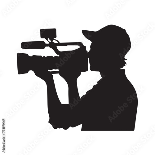 Silhouette of cameraman with professional video camera and tripod isolated design