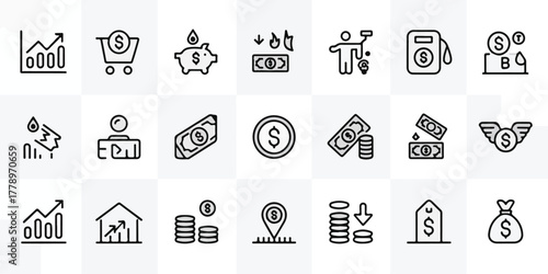 High-quality black-and-white vector illustration of 21 minimalist finance icons in 4x5 grid, clear thin-line style, modern economic symbols, professional, stock-ready, visually balanced, legible.