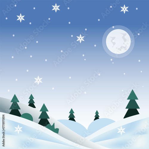 Moonlit Winter Night Landscape with Falling Snow
