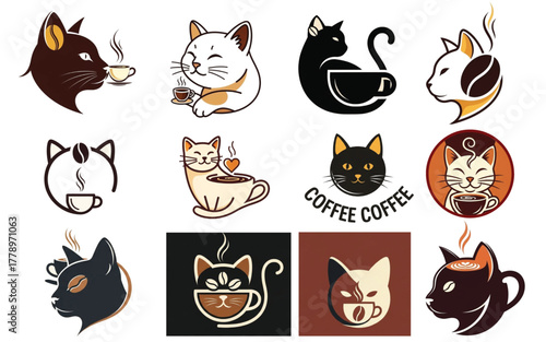Cat Coffee Logo Set – Cute Cat Café Emblem Collection, Coffee Shop Branding Icons, Minimal Line Art Animal Logo Vector on White Background