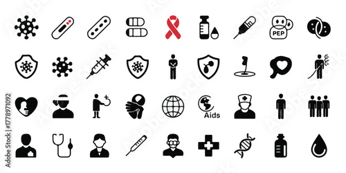Medical and healthcare icons set. Including coronavirus particle pattern,  four pills, medical symbols, medical pills with plus signs, heart, syringe, a cross, female figure, medical mask,medical case