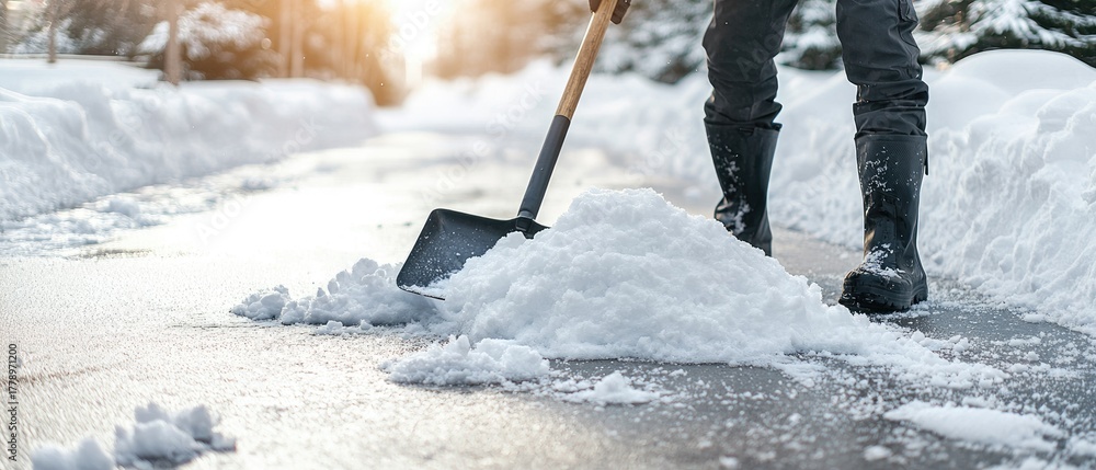 Fototapeta premium Man clears snow from pathway in winter morning sunlight while wearing boots and using a shovel to create a clear route through the snow