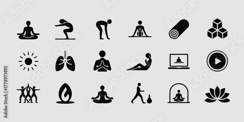 High-quality minimalist vector of 18 yoga, meditation, mindfulness, wellness icons, clean white background, consistent thin black lines, balanced grid, professional, appealing.