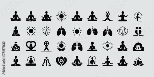High-quality minimalist vector of 36 yoga, meditation, mindfulness, wellness icons, clean white background, consistent thin black lines, balanced grid, professional, appealing