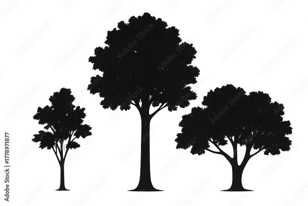 Fototapeta premium Three black tree silhouettes illustrating nature and forest concepts on a transparent background