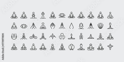 High-quality minimalist vector of 30 yoga, meditation, mindfulness, wellness icons, clean white background, consistent thin black lines, balanced grid, professional, appealing.