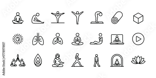 High-quality minimalist vector of 30 yoga, meditation, mindfulness, wellness icons, clean white background, consistent thin black lines, balanced grid, professional, appealing.