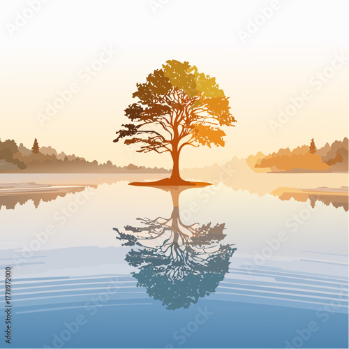 solitary tree reflected in the still waters of a foggy lake at sunrise