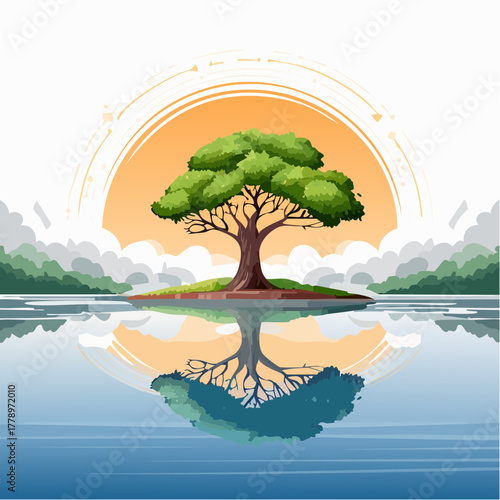 solitary tree reflected in the still waters of a foggy lake at sunrise