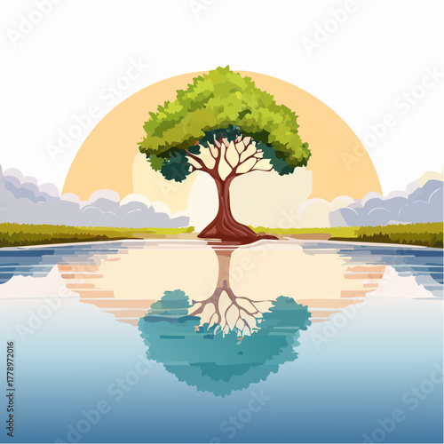 solitary tree reflected in the still waters of a foggy lake at sunrise