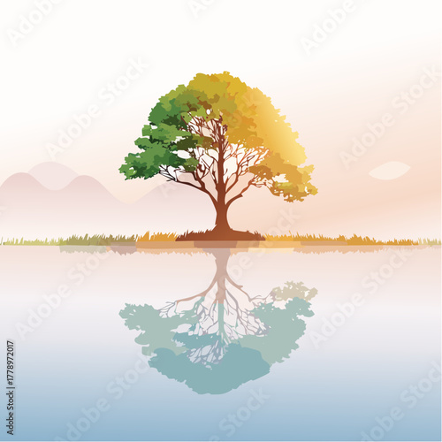 solitary tree reflected in the still waters of a foggy lake at sunrise