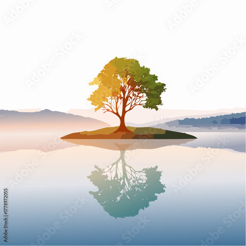solitary tree reflected in the still waters of a foggy lake at sunrise