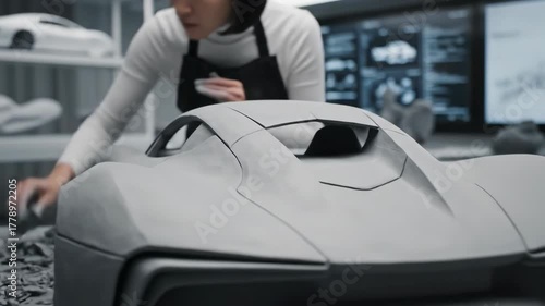 Automotive sculptor refines detail on full-scale clay model with specialized tool