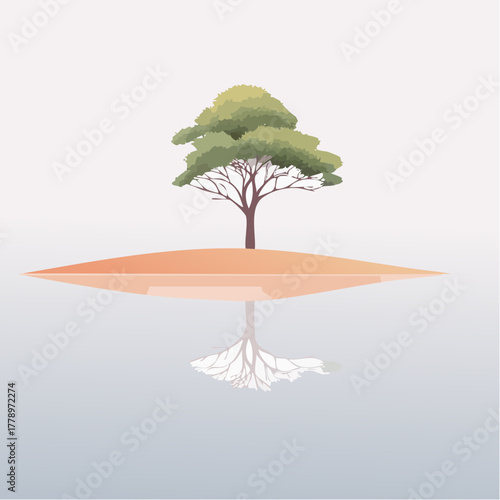 solitary tree reflected in the still waters of a foggy lake at sunrise