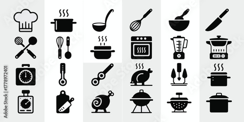 High-quality vector black-and-white kitchen and cooking silhouette icons, 24-piece set, minimalist flat design, clean lines, uniform grid, professional, modern, commercial.