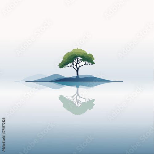 solitary tree reflected in the still waters of a foggy lake at sunrise