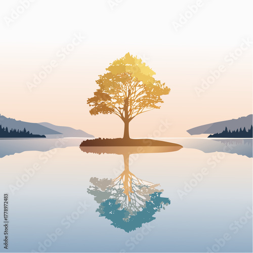 solitary tree reflected in the still waters of a foggy lake at sunrise
