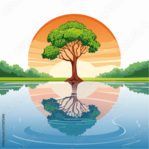 solitary tree reflected in the still waters of a foggy lake at sunrise