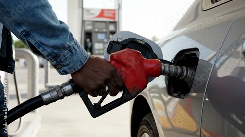 Person refueling silver vehicle at outdoor service station