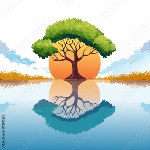 solitary tree reflected in the still waters of a foggy lake at sunrise