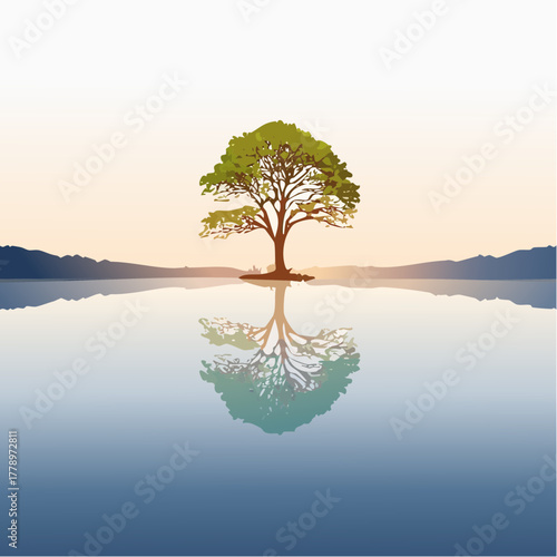 solitary tree reflected in the still waters of a foggy lake at sunrise
