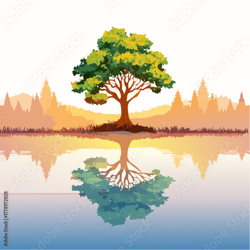 solitary tree reflected in the still waters of a foggy lake at sunrise