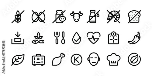 High-quality vector illustration of 20 black-and-white minimalist health, dietary, nutrition, lifestyle icons, thin line, modern geometric style, clean, balanced, stock-ready, versatile design.