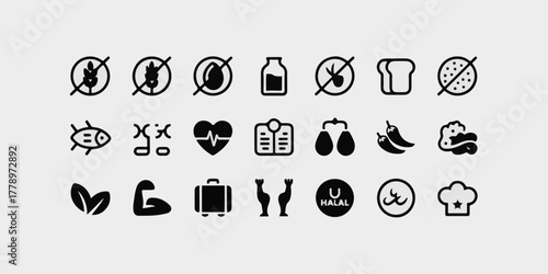 High-quality vector illustration of 21 black-and-white minimalist health, dietary, nutrition, lifestyle icons, thin line, modern geometric style, clean, balanced, stock-ready, versatile design.