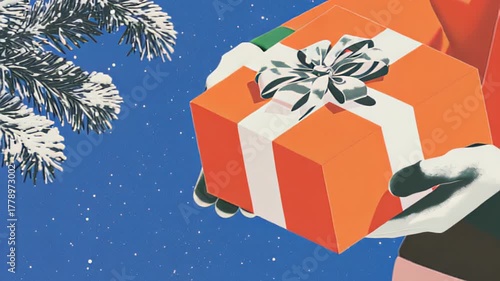 Festive gift exchange against a snowy pine tree background