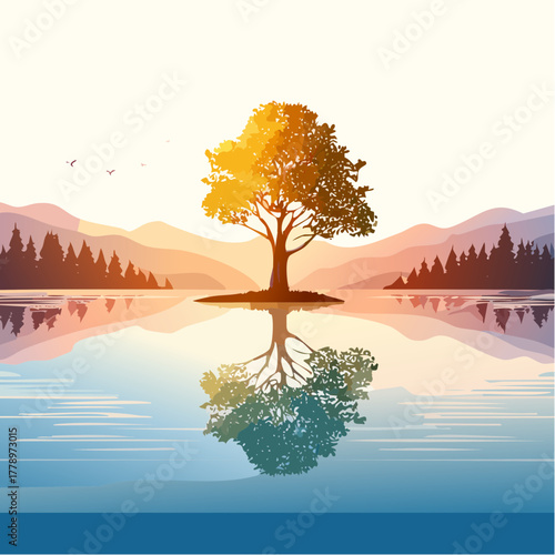 solitary tree reflected in the still waters of a foggy lake at sunrise