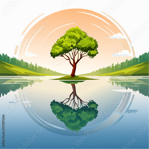 solitary tree reflected in the still waters of a foggy lake at sunrise