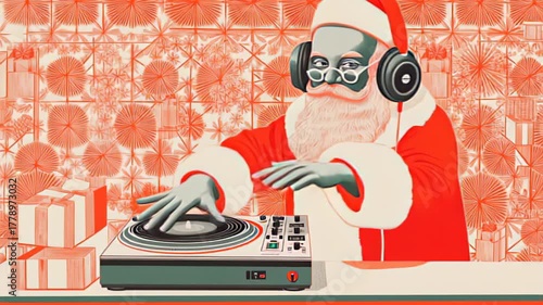 Santa dj spins festive beats with headphones and turntable for holiday party vibes