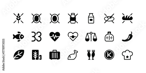 High-quality vector illustration of 21 black-and-white minimalist health, dietary, nutrition, lifestyle icons, thin line, modern geometric style, clean, balanced, stock-ready, versatile design.