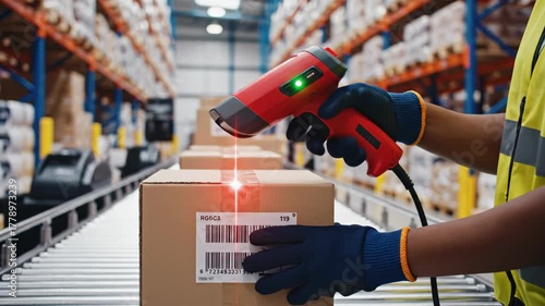 Worker scanning barcode on cardboard box moving along warehouse conveyor belt